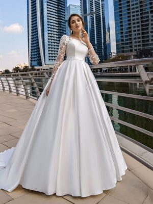 SoDigne Dubai Modest Wedding Dresses Lace Long Sleeve Satin Bride Dress With Belt Women Elegant Wedding Party Gowns Customized