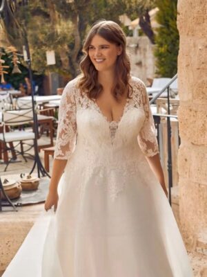 Classic Wedding Dresses Plus Size V-Neck 3/4 Sleeves Bride Gowns Appliques Sweep Train A-Line Organza Vestido De Noiva Ballgown 5 S0362a31fdba44ebeb8bcaf2200cc23d9R Cropped