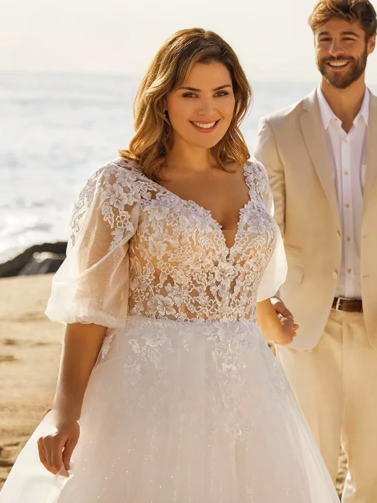 Beach Wedding Dresses Plus Size V Neck Puff Illusion Sleeves Bride Gowns Appliques Floor Length A-Line Tulle Vestido PSL980026 3 Beach Wedding Dresses Plus Size V Neck Puff Illusion Sleeves Bride Gowns Appliques Floor Length A-Line Tulle Vestido PSL980026 - Bild 3