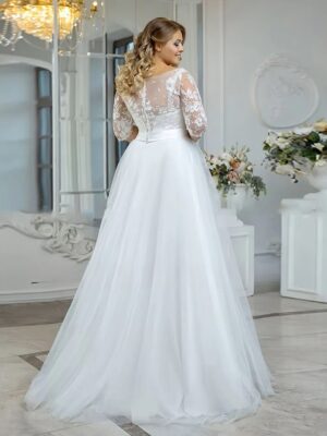 Alternative view of Vintage O-Neck Wedding Dresses Plus Size 3/4 Sleeves Bride Gowns Back Button Appliques A-Line Floor Length Tulle Robe De Mariée