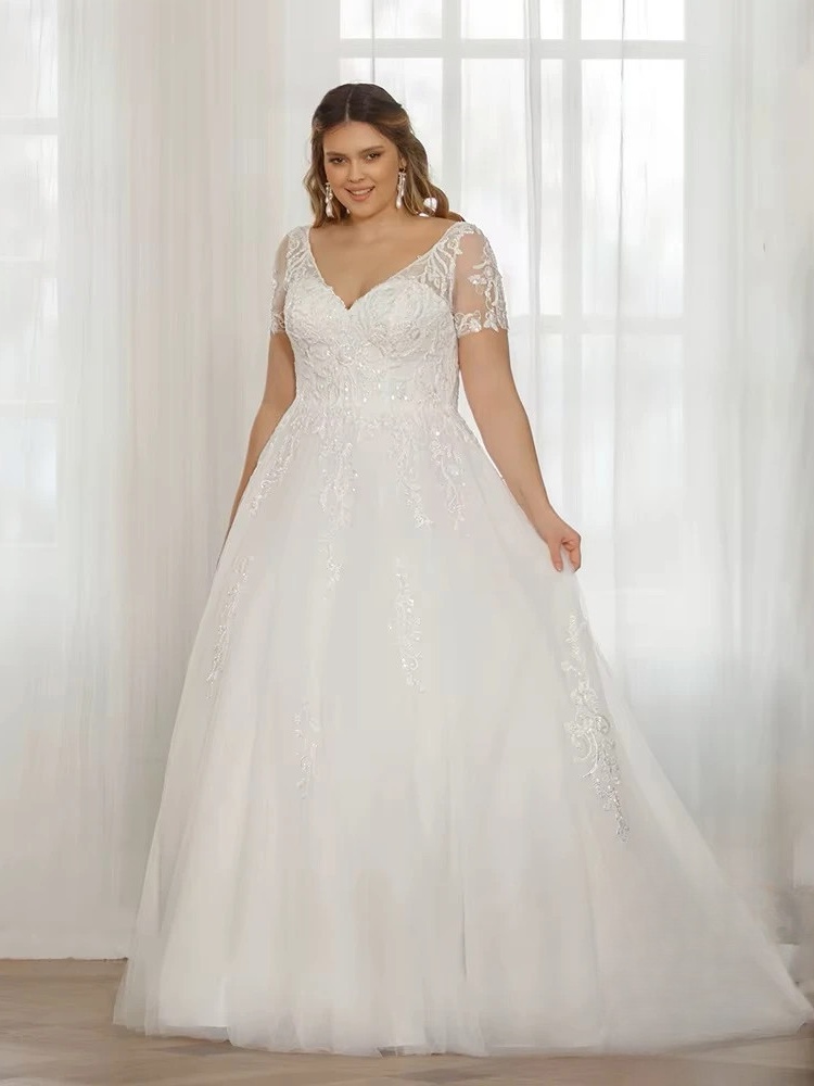 Customized Wedding Dresses Plus Size V-Neck Short Sleeves Bride Gowns Lace Applique A-Line Tulle Sweep Train Robe De Mariée 1 Customized Wedding Dresses Plus Size V-Neck Short Sleeves Bride Gowns Lace Applique A-Line Tulle Sweep Train Robe De Mariée
