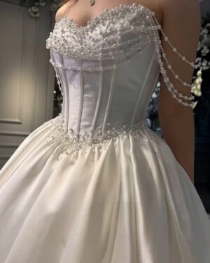 Alternative view of SoDigne A-line Elegant Satin Bride Dresses Sweetheart Sleeveless Pearls Wedding Dress Long Bridal Gown Robe De Mairee Customized