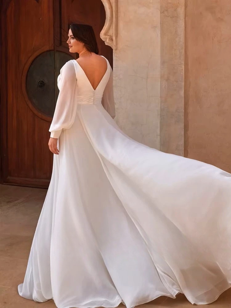 Simple Wedding Dresses Plus Size Deep V Neck Long Sleeves Bride Gowns Back Button Sweep Train A-Line Vestido De Noiva 2024 2 Simple Wedding Dresses Plus Size Deep V Neck Long Sleeves Bride Gowns Back Button Sweep Train A-Line Vestido De Noiva 2024 - Bild 2