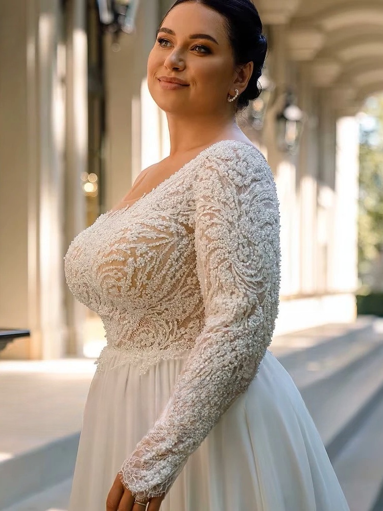 Customized Chiffon Wedding Dresses Plus Size O Neck One Shoulder Bride Gowns Applique Floor Length Front Slit A-Line Robe De 3 Customized Chiffon Wedding Dresses Plus Size O Neck One Shoulder Bride Gowns Applique Floor Length Front Slit A-Line Robe De - Bild 3