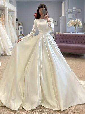 SoDigne Conservative Wedding dress Satin Wedding Dresses Full Sleeve Muslim Bridal Gown Modest Long Wedding Gown Customized