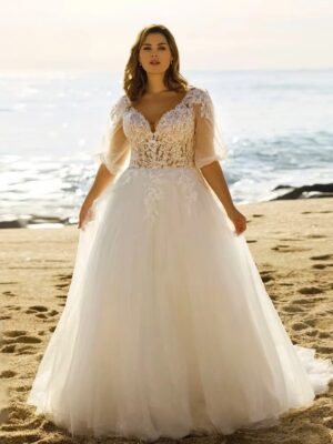 Beach Wedding Dresses Plus Size V Neck Puff Illusion Sleeves Bride Gowns Appliques Floor Length A-Line Tulle Vestido PSL980026