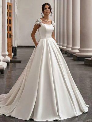 SoDigne Satin Wedding Dress For Women Elegant Cap Sleeves Scoop Neck Flowers Women A-Line Bridal Gown With Pockets Customized