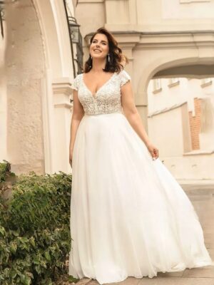 Classic Chiffon Wedding Dresses Plus Size V-Neck Cap Sleeves Bride Gowns Lace Back Button Sweep Train A-Line Vestido PSL980012
