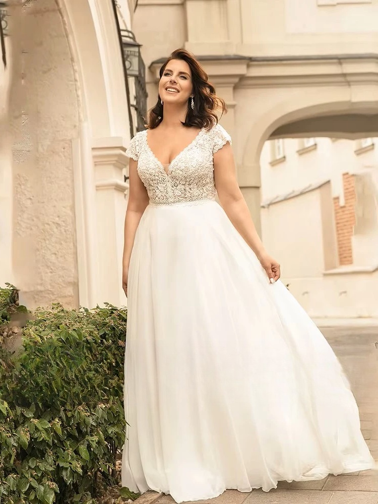Classic Chiffon Wedding Dresses Plus Size V-Neck Cap Sleeves Bride Gowns Lace Back Button Sweep Train A-Line Vestido PSL980012 1 Classic Chiffon Wedding Dresses Plus Size V-Neck Cap Sleeves Bride Gowns Lace Back Button Sweep Train A-Line Vestido PSL980012