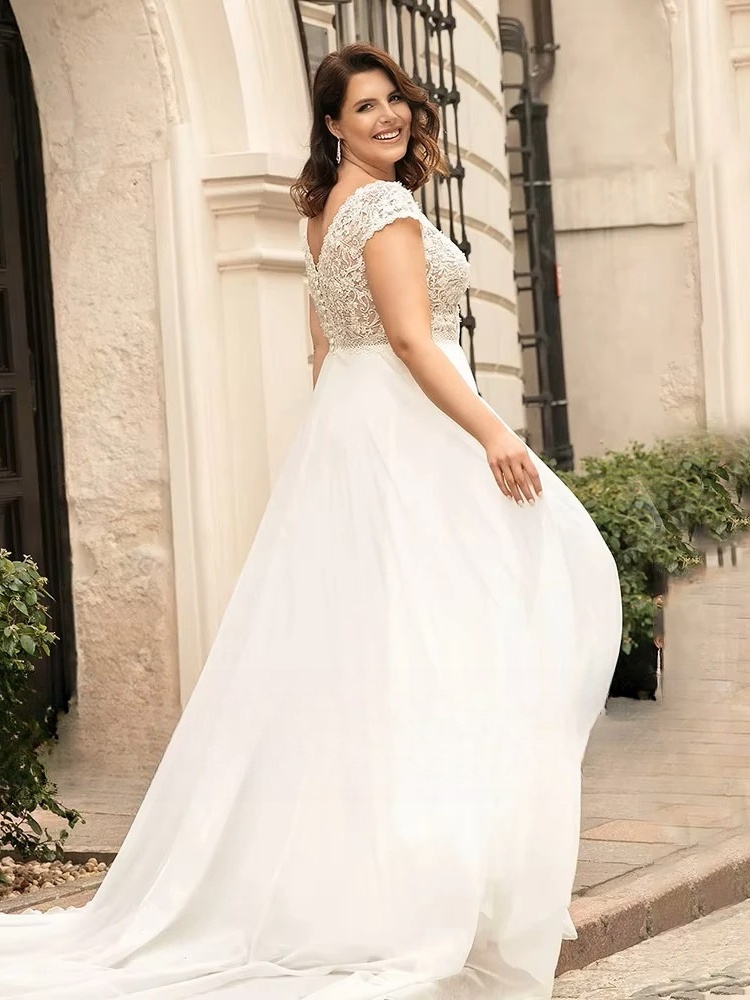 Classic Chiffon Wedding Dresses Plus Size V-Neck Cap Sleeves Bride Gowns Lace Back Button Sweep Train A-Line Vestido PSL980012 2 Classic Chiffon Wedding Dresses Plus Size V-Neck Cap Sleeves Bride Gowns Lace Back Button Sweep Train A-Line Vestido PSL980012 - Bild 2