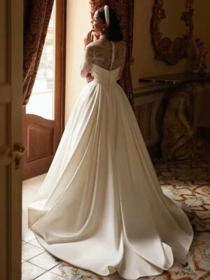 Alternative view of SoDigne A-line Satin/Lace Wedding Dress Full Sleeves High Neck Bride Dresses Women Bridal Gowns vestidos de novia Customized