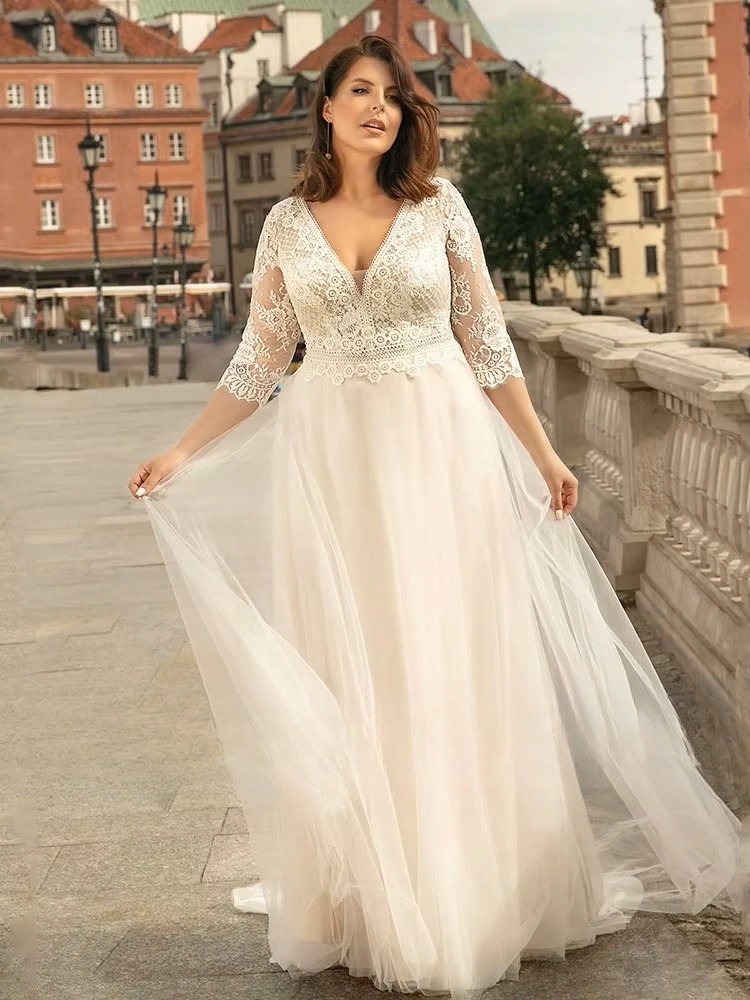 Classic Wedding Dresses For Women Plus Size Three Quarter Sleeves Bride Gowns Lace Applique A-Line Sweep Train Vestido De Novia 1 Classic Wedding Dresses For Women Plus Size Three Quarter Sleeves Bride Gowns Lace Applique A-Line Sweep Train Vestido De Novia