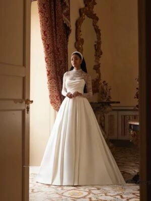 SoDigne A-line Satin/Lace Wedding Dress Full Sleeves High Neck Bride Dresses Women Bridal Gowns vestidos de novia Customized
