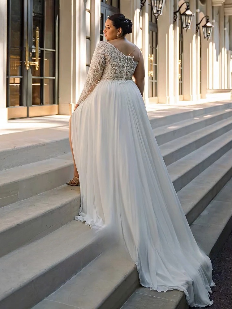 Customized Chiffon Wedding Dresses Plus Size O Neck One Shoulder Bride Gowns Applique Floor Length Front Slit A-Line Robe De 2 Customized Chiffon Wedding Dresses Plus Size O Neck One Shoulder Bride Gowns Applique Floor Length Front Slit A-Line Robe De - Bild 2