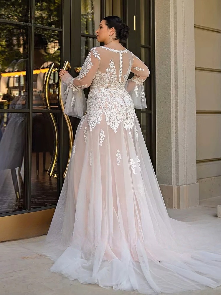 Sexy Wedding Dresses Plus Size V Neck Long Sleeves Illusion Bride Gowns Appliques Floor Length Tulle A-Line Vestido De Noiva 2 Sexy Wedding Dresses Plus Size V Neck Long Sleeves Illusion Bride Gowns Appliques Floor Length Tulle A-Line Vestido De Noiva - Bild 2