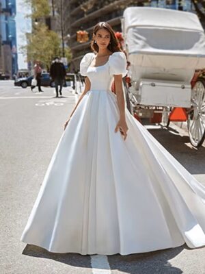 SoDigne Boho Satin A-Line Wedding Dress 2022 Elegant Short Puff Sleeves Square Neck Women Princess Bridal Gown Customized