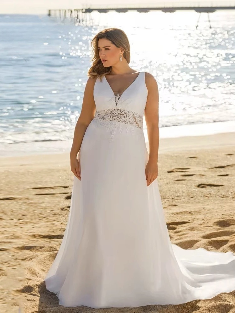 Beach Wedding Dresses Plus Size Deep V Neck Sleeveless Bride Gowns Appliques Back Button Sweep Train A-Line Vestido De Noiva 1 Beach Wedding Dresses Plus Size Deep V Neck Sleeveless Bride Gowns Appliques Back Button Sweep Train A-Line Vestido De Noiva