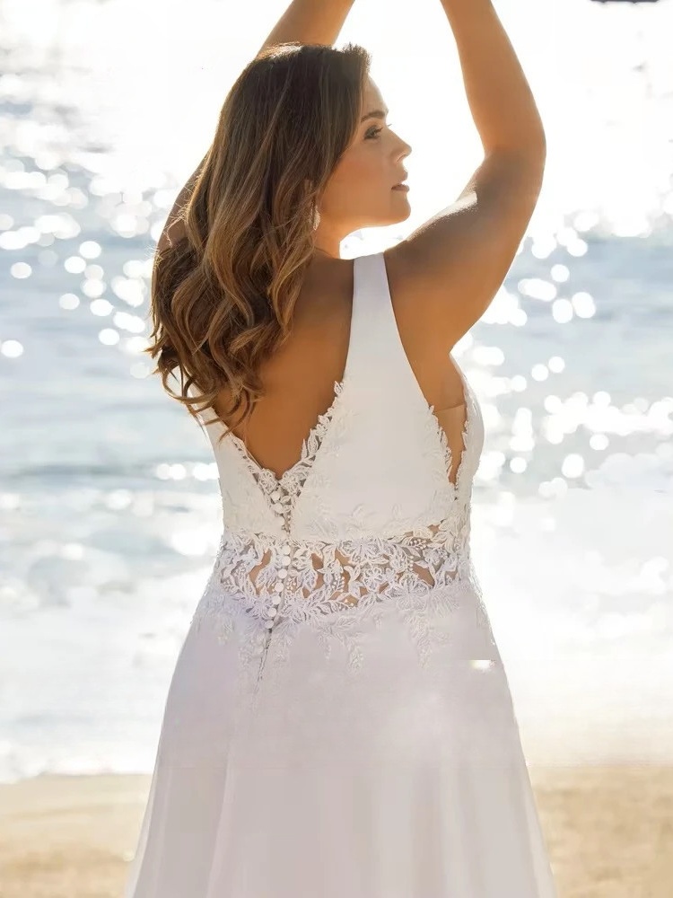 Beach Wedding Dresses Plus Size Deep V Neck Sleeveless Bride Gowns Appliques Back Button Sweep Train A-Line Vestido De Noiva 3 Beach Wedding Dresses Plus Size Deep V Neck Sleeveless Bride Gowns Appliques Back Button Sweep Train A-Line Vestido De Noiva - Bild 3