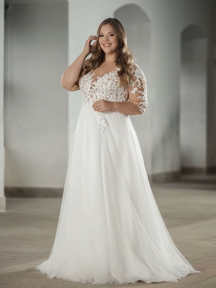 Classic Wedding Dresses Plus Size V Neck Half Sleeves Bride Gowns Tulle Lace Appliques A-Line Sweep Train Robe De PSL980010 1 Classic Wedding Dresses Plus Size V Neck Half Sleeves Bride Gowns Tulle Lace Appliques A-Line Sweep Train Robe De PSL980010