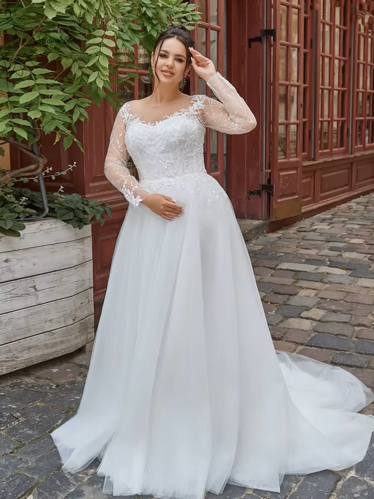 Elegant Wedding Dresses Plus Size O Neck Long Sleeves Bride Gowns Appliques Sequined Floor Length A-Line Tulle Vestidos De Novia 1 Elegant Wedding Dresses Plus Size O Neck Long Sleeves Bride Gowns Appliques Sequined Floor Length A-Line Tulle Vestidos De Novia