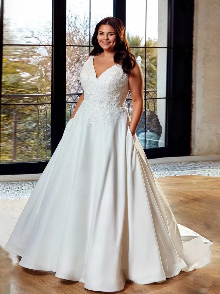 Classic V Neck Wedding Dresses Plus Size A-Line Bride Gowns Appliques Sleeveless Back Button Sweep Train Vestido De PSL980021 1 Classic V Neck Wedding Dresses Plus Size A-Line Bride Gowns Appliques Sleeveless Back Button Sweep Train Vestido De PSL980021