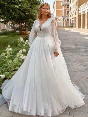 Pastroal Plus Size Wedding Dresses For Bride V-Neck Puff Sleeves Bride Gown Lace Applique Sweep Train A-Line Robe De Mariée 6 S6ca3ff5b5f3f4029ac42b13859915c5da Cropped