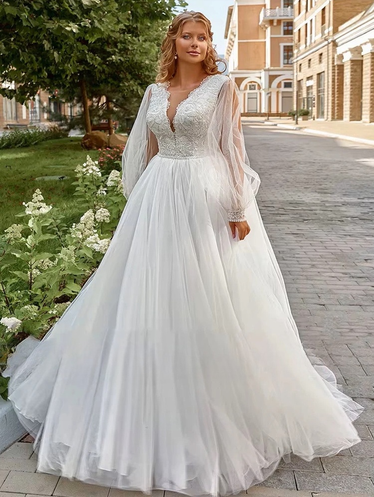 Pastroal Plus Size Wedding Dresses For Bride V-Neck Puff Sleeves Bride Gown Lace Applique Sweep Train A-Line Robe De Mariée 3 Pastroal Plus Size Wedding Dresses For Bride V-Neck Puff Sleeves Bride Gown Lace Applique Sweep Train A-Line Robe De Mariée - Bild 3