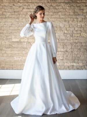SoDigne Satin A-line Wedding Dresses Full Sleeves O-neck Bridal Dress Elegant Long Bridal Gown vestidos de novia Customized