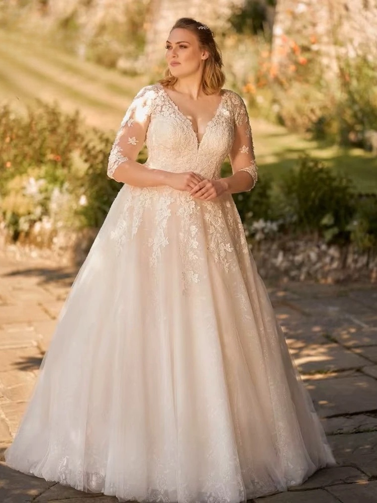 Customized Wedding Dresses Plus Size V Neck 3/4 Sleeves Bride Gowns Appliques Lace up Sweep Train Tulle A-Line Robe De PSL98009 1 Customized Wedding Dresses Plus Size V Neck 3/4 Sleeves Bride Gowns Appliques Lace up Sweep Train Tulle A-Line Robe De PSL98009