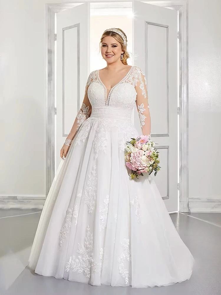 Exquisite Wedding Dresses Plus Size V-Neck Long Sleeves Empire Bride Gowns Lace Applique Sweep Train A-Line Robe De Mariée 2023 1 Exquisite Wedding Dresses Plus Size V-Neck Long Sleeves Empire Bride Gowns Lace Applique Sweep Train A-Line Robe De Mariée 2023