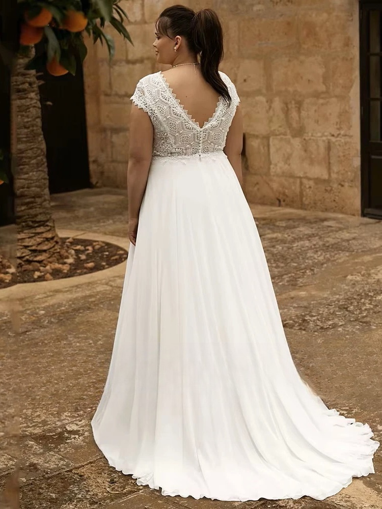 Customized Lace Wedding Dresses Plus Size V Neck Short Sleeves Backless Bride Gowns Sweep Train A-Line Chiffon Vestido De Noiva 2 Customized Lace Wedding Dresses Plus Size V Neck Short Sleeves Backless Bride Gowns Sweep Train A-Line Chiffon Vestido De Noiva - Bild 2