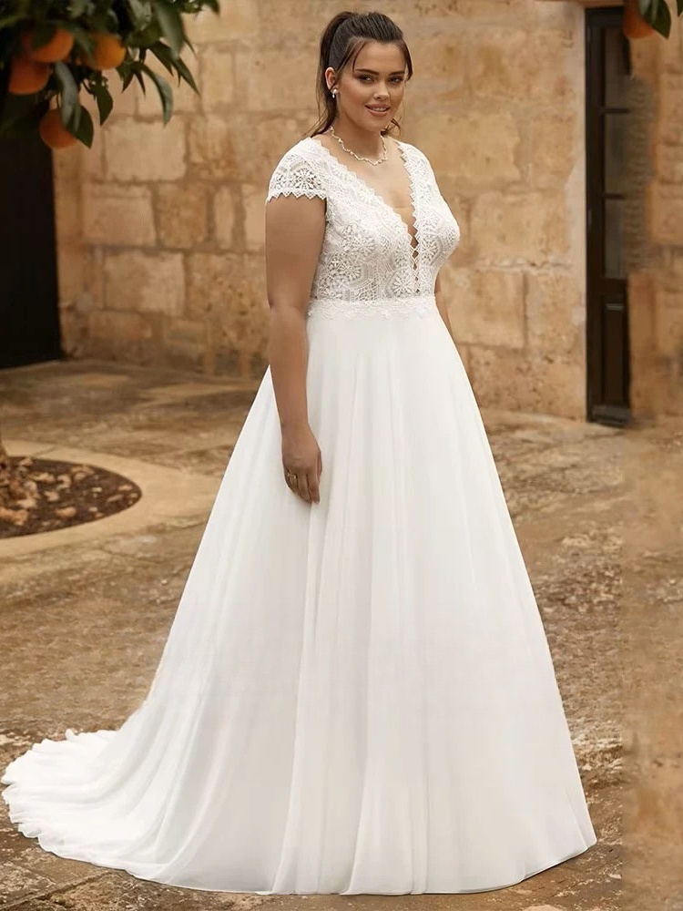 Customized Lace Wedding Dresses Plus Size V Neck Short Sleeves Backless Bride Gowns Sweep Train A-Line Chiffon Vestido De Noiva 1 Customized Lace Wedding Dresses Plus Size V Neck Short Sleeves Backless Bride Gowns Sweep Train A-Line Chiffon Vestido De Noiva