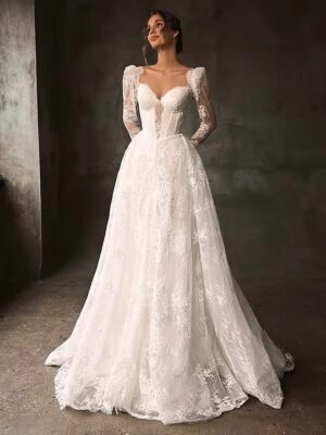 SoDigne A-line Lace Wedding Dresses Sweetheart Full Sleeves Bridal Dress Beach Long Wedding Gown Robe De Mairee Customized