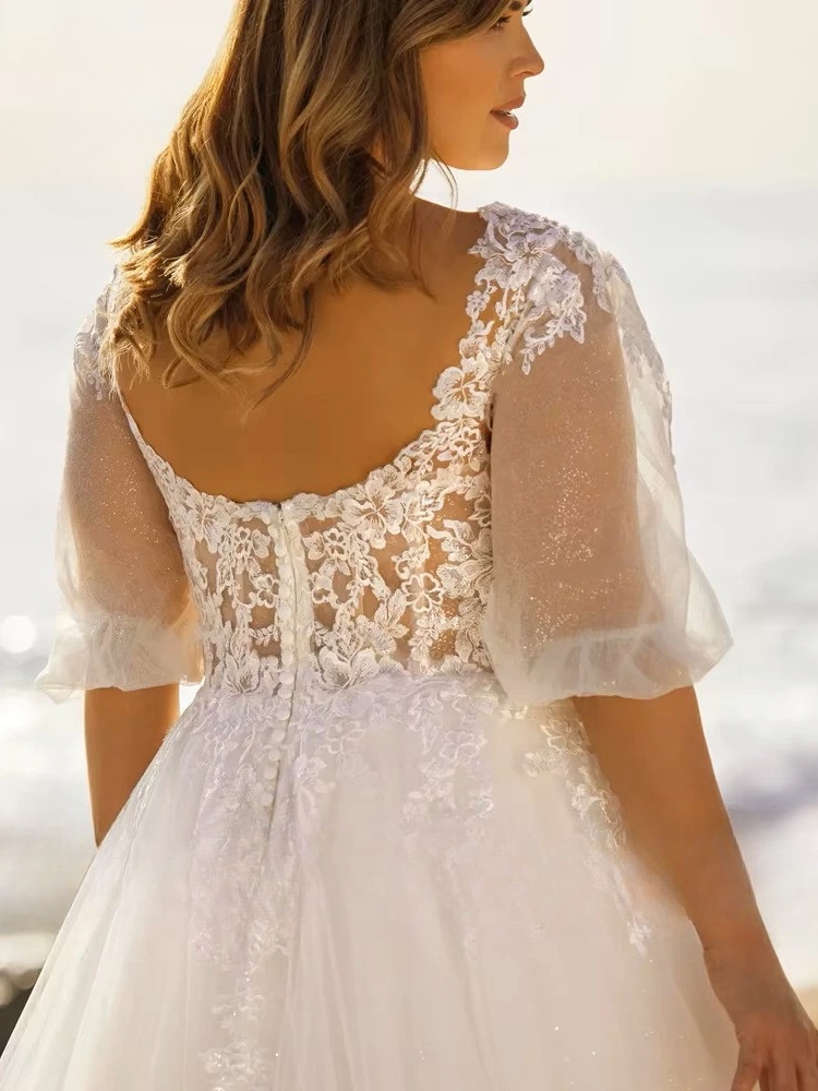 Beach Wedding Dresses Plus Size V Neck Puff Illusion Sleeves Bride Gowns Appliques Floor Length A-Line Tulle Vestido PSL980026 4 Beach Wedding Dresses Plus Size V Neck Puff Illusion Sleeves Bride Gowns Appliques Floor Length A-Line Tulle Vestido PSL980026 - Bild 4
