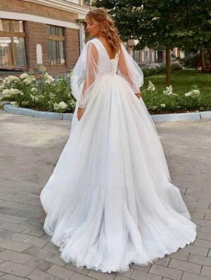 Alternative view of Pastroal Plus Size Wedding Dresses For Bride V-Neck Puff Sleeves Bride Gown Lace Applique Sweep Train A-Line Robe De Mariée