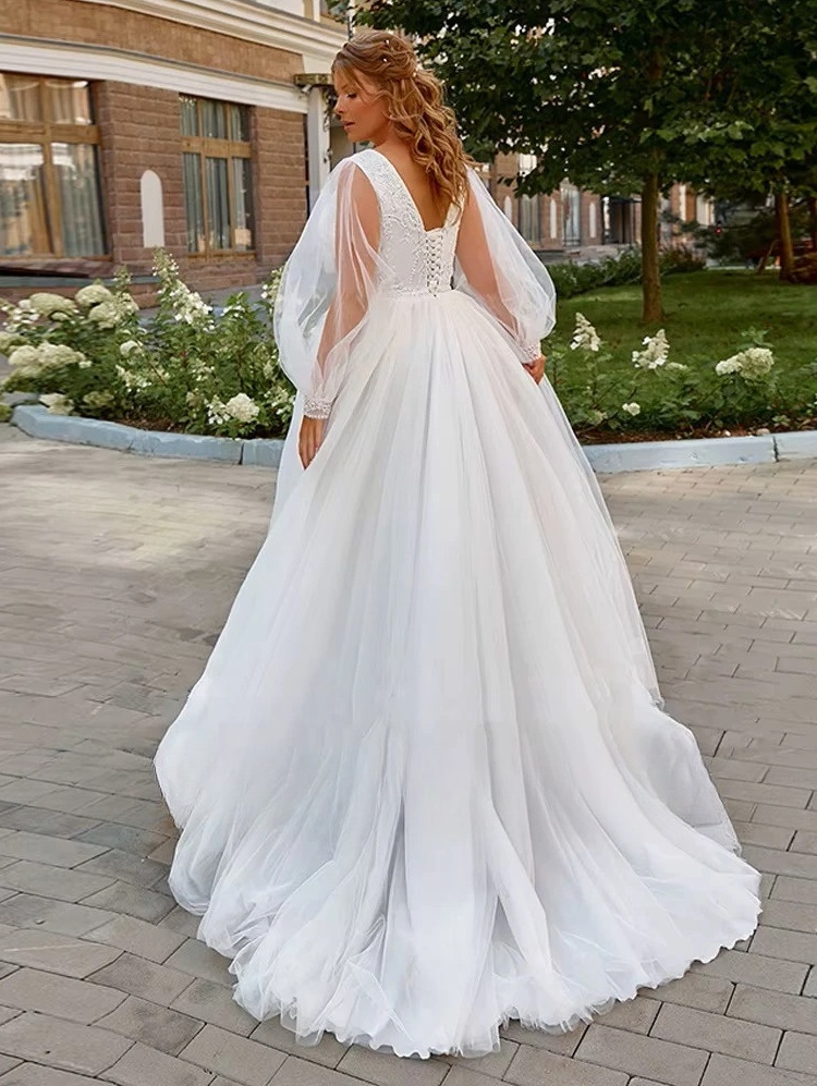 Pastroal Plus Size Wedding Dresses For Bride V-Neck Puff Sleeves Bride Gown Lace Applique Sweep Train A-Line Robe De Mariée 2 Pastroal Plus Size Wedding Dresses For Bride V-Neck Puff Sleeves Bride Gown Lace Applique Sweep Train A-Line Robe De Mariée - Bild 2