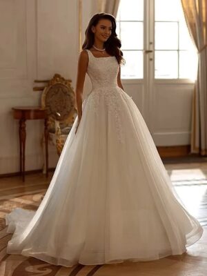 SoDigne A-line Tulle Wedding Dresses Square Collar Sleeveless Appliques Bridal Dress Bride Gown Robe De Mairee Customized 