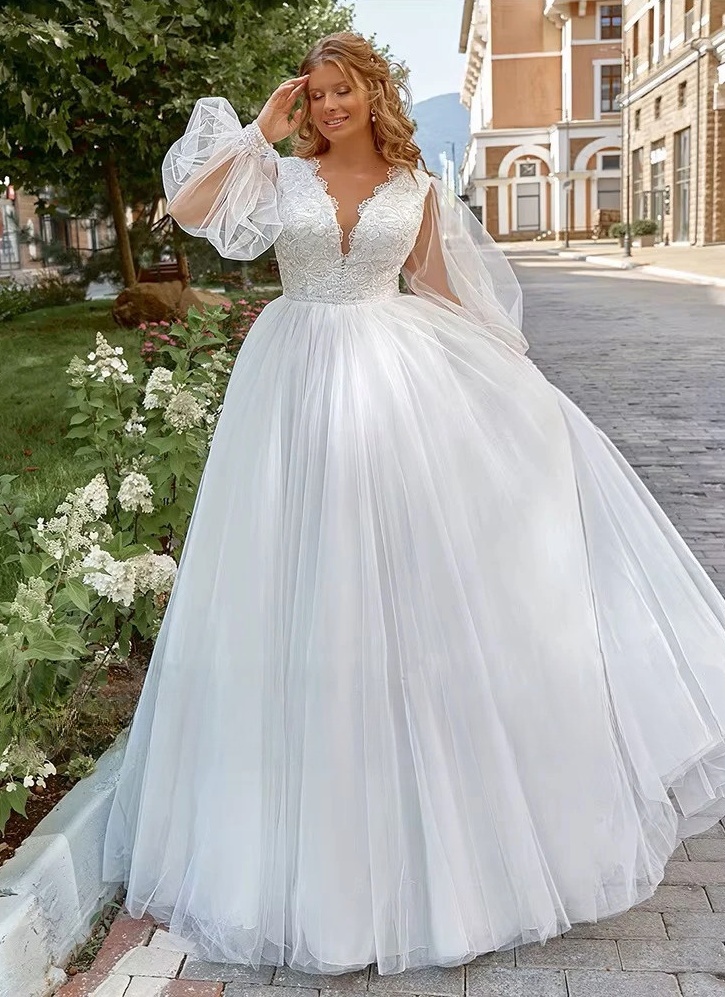 Pastroal Plus Size Wedding Dresses For Bride V-Neck Puff Sleeves Bride Gown Lace Applique Sweep Train A-Line Robe De Mariée 1 Pastroal Plus Size Wedding Dresses For Bride V-Neck Puff Sleeves Bride Gown Lace Applique Sweep Train A-Line Robe De Mariée