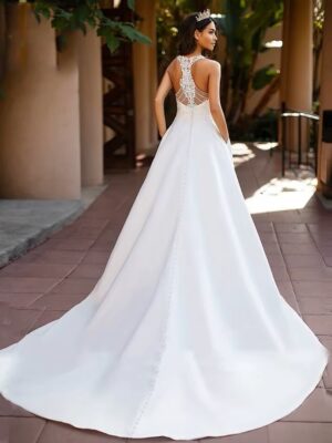 Alternative view of SoDigne Boho Satin A-line Wedding Dresses 2023 Sexy V Nack Lace Blackless Bride Dress Customized Sleeveless Bridal Gowns