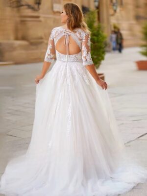 Alternative view of Elegant Tulle Wedding Dresses Plus Size V Neck 3/4 Sleeves Bride Gowns Back Lace Up Sweep Train A-Line Vestido De Noiva 2025