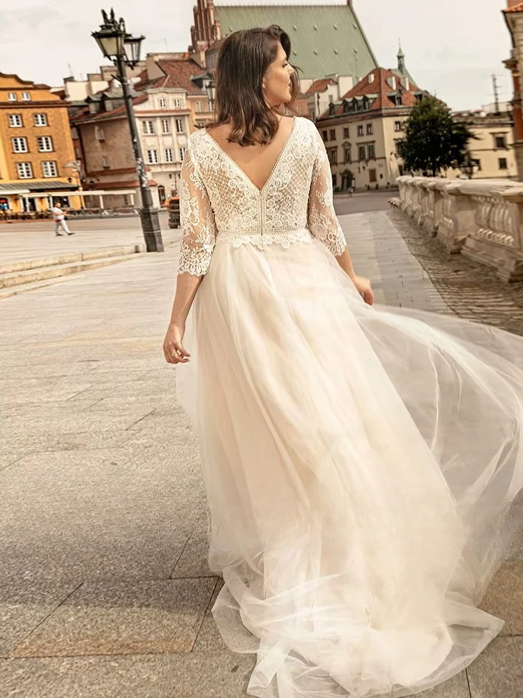 Classic Wedding Dresses For Women Plus Size Three Quarter Sleeves Bride Gowns Lace Applique A-Line Sweep Train Vestido De Novia 2 Classic Wedding Dresses For Women Plus Size Three Quarter Sleeves Bride Gowns Lace Applique A-Line Sweep Train Vestido De Novia - Bild 2