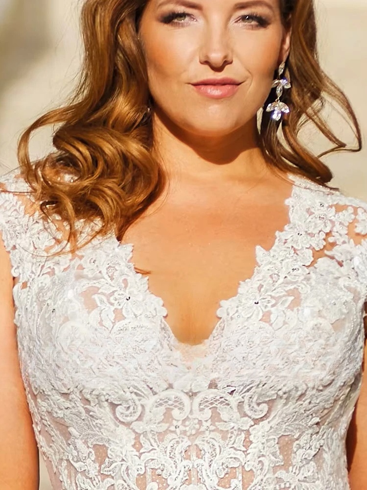 Exquisite Wedding Dresses Plus Size Tulle With Lace Applique V-Neck Backless Bride Gowns Cap Sleeves Mermaid Vestido De Noiva 3 Exquisite Wedding Dresses Plus Size Tulle With Lace Applique V-Neck Backless Bride Gowns Cap Sleeves Mermaid Vestido De Noiva - Bild 3