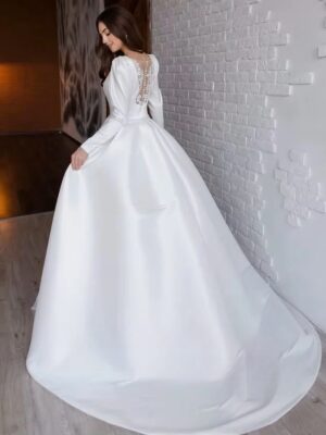 Alternative view of SoDigne A-line Satin Simple Wedding Dresses O-neck Full Sleeves Appliques Bridal Dress Long Bridal Gown 2025 Customized