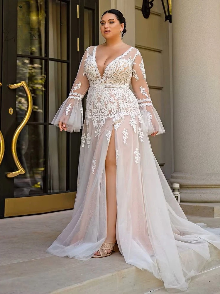 Sexy Wedding Dresses Plus Size V Neck Long Sleeves Illusion Bride Gowns Appliques Floor Length Tulle A-Line Vestido De Noiva 1 Sexy Wedding Dresses Plus Size V Neck Long Sleeves Illusion Bride Gowns Appliques Floor Length Tulle A-Line Vestido De Noiva