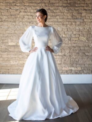 Alternative view of SoDigne Satin A-line Wedding Dresses Full Sleeves O-neck Bridal Dress Elegant Long Bridal Gown vestidos de novia Customized