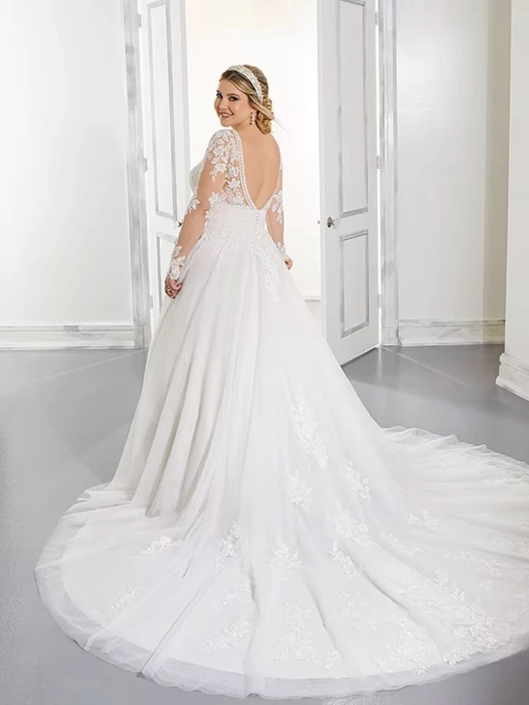 Exquisite Wedding Dresses Plus Size V-Neck Long Sleeves Empire Bride Gowns Lace Applique Sweep Train A-Line Robe De Mariée 2023 2 Exquisite Wedding Dresses Plus Size V-Neck Long Sleeves Empire Bride Gowns Lace Applique Sweep Train A-Line Robe De Mariée 2023 - Bild 2