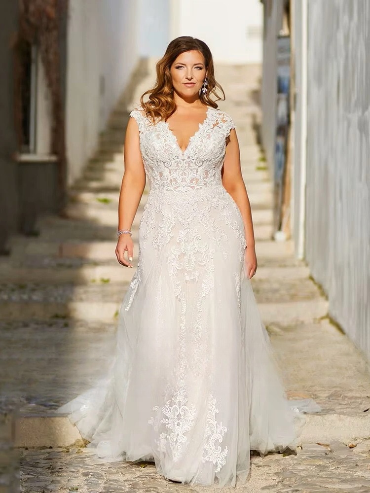 Exquisite Wedding Dresses Plus Size Tulle With Lace Applique V-Neck Backless Bride Gowns Cap Sleeves Mermaid Vestido De Noiva 1 Exquisite Wedding Dresses Plus Size Tulle With Lace Applique V-Neck Backless Bride Gowns Cap Sleeves Mermaid Vestido De Noiva