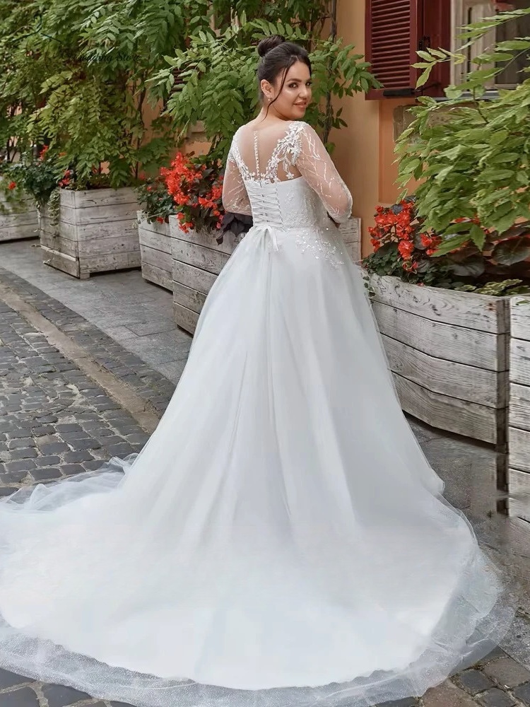 Elegant Wedding Dresses Plus Size O Neck Long Sleeves Bride Gowns Appliques Sequined Floor Length A-Line Tulle Vestidos De Novia 2 Elegant Wedding Dresses Plus Size O Neck Long Sleeves Bride Gowns Appliques Sequined Floor Length A-Line Tulle Vestidos De Novia - Bild 2