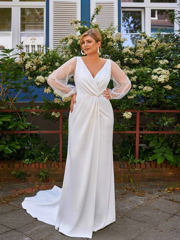 Simple Mermaid Wedding Dresses Plus Size V Neck Long Sleeves Bride Gowns Pleat Back Zipper Floor Length Vestido De Noiva 2025 1 Simple Mermaid Wedding Dresses Plus Size V Neck Long Sleeves Bride Gowns Pleat Back Zipper Floor Length Vestido De Noiva 2025