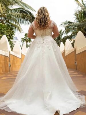 Alternative view of Elegant Wedding Dresses Plus Size 2023 V-Neck Full Sleeves Lace Up Long Bride Gowns Tulle A-Line Sweep Train Vestido De Noiva